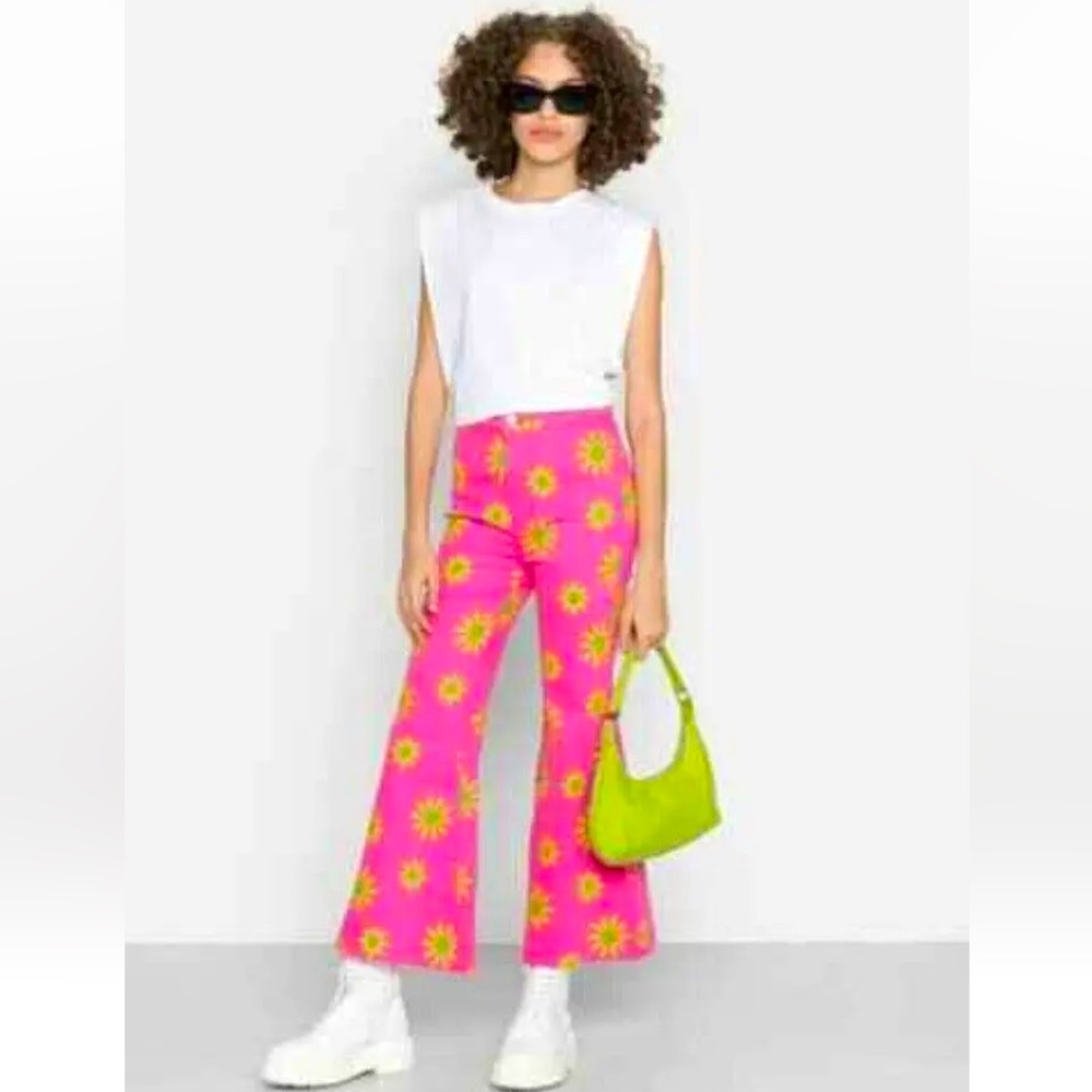 Free People Pink Floral Flare Jeans with Yellow Sunburst Print